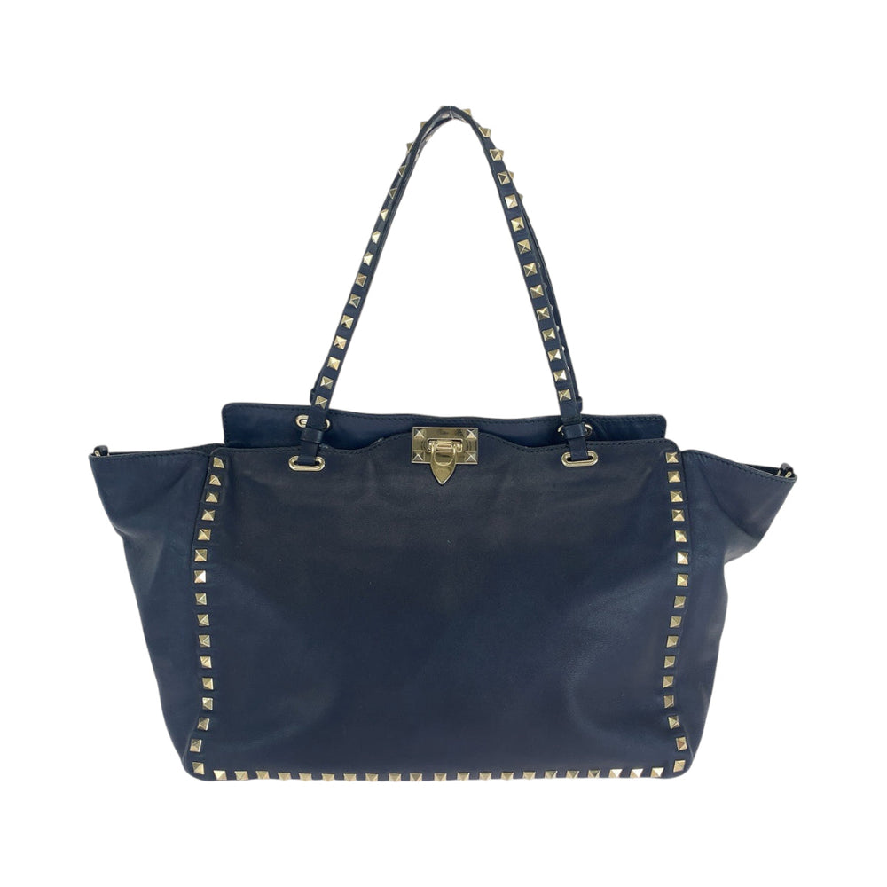 VALENTINO Shoulder Bag leather Navy Gold Metal Shoulder Bag handbag Rock studs Women Used Authentic