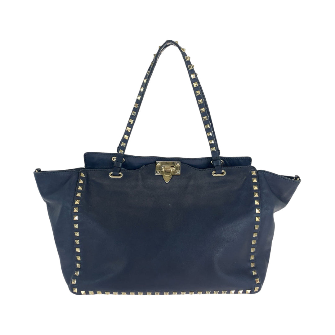 VALENTINO Shoulder Bag leather Navy Gold Metal Shoulder Bag handbag Rock studs Women Used Authentic