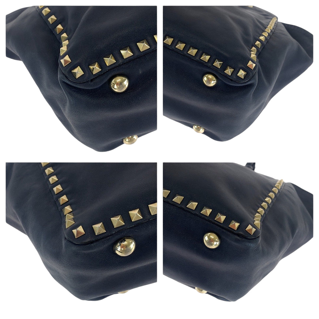 VALENTINO Shoulder Bag leather Navy Gold Metal Shoulder Bag handbag Rock studs Women Used Authentic