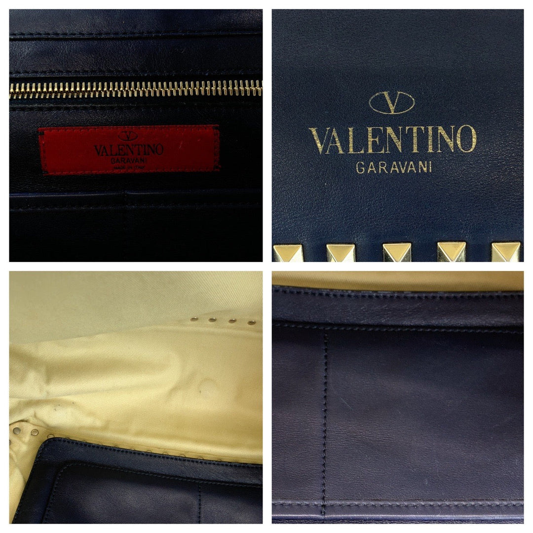VALENTINO Shoulder Bag leather Navy Gold Metal Shoulder Bag handbag Rock studs Women Used Authentic