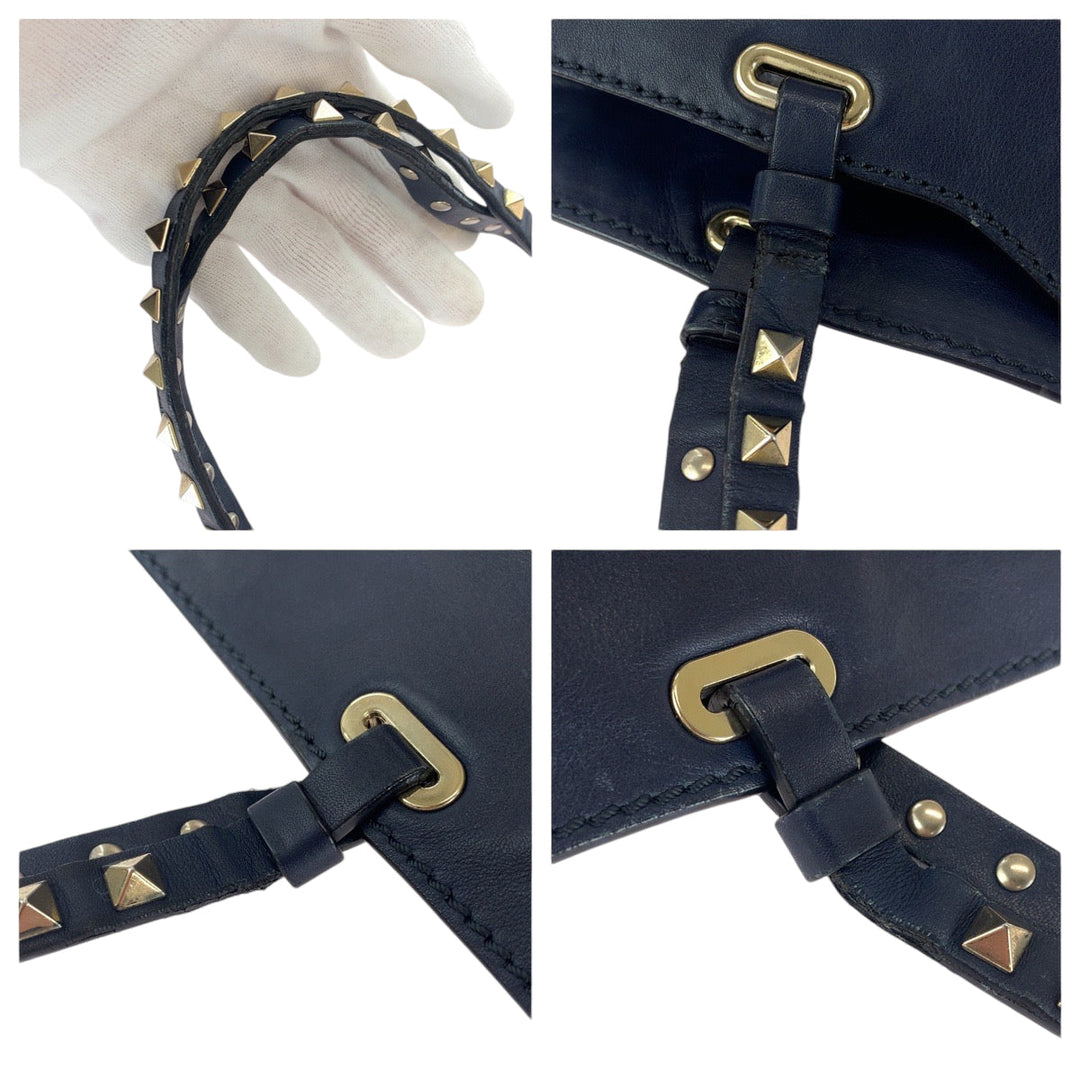 VALENTINO Shoulder Bag leather Navy Gold Metal Shoulder Bag handbag Rock studs Women Used Authentic