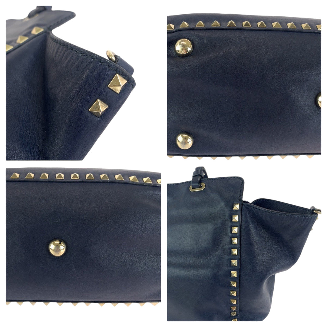 VALENTINO Shoulder Bag leather Navy Gold Metal Shoulder Bag handbag Rock studs Women Used Authentic
