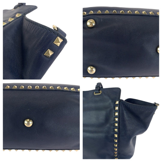 VALENTINO Shoulder Bag leather Navy Gold Metal Shoulder Bag handbag Rock studs Women Used Authentic