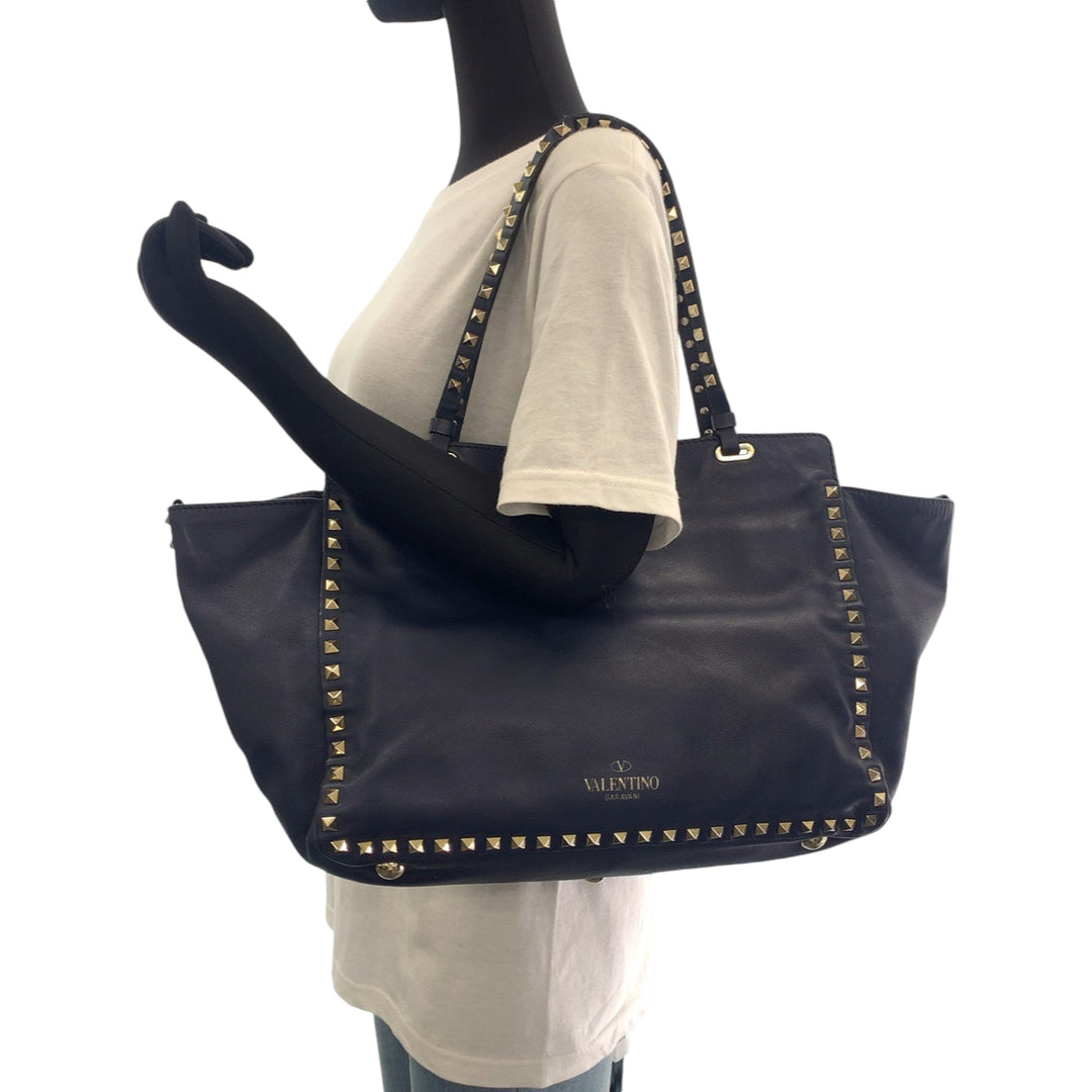 VALENTINO Shoulder Bag leather Navy Gold Metal Shoulder Bag handbag Rock studs Women Used Authentic