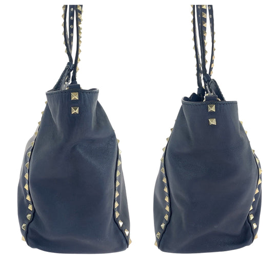 VALENTINO Shoulder Bag leather Navy Gold Metal Shoulder Bag handbag Rock studs Women Used Authentic