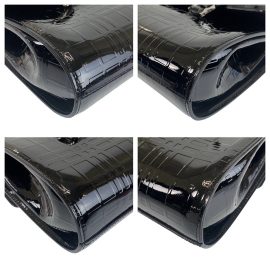 BURBERRY Shoulder Bag Patent leather Black SilverMetal Shoulder Bag Check Pattern Embossed Women Used Authentic