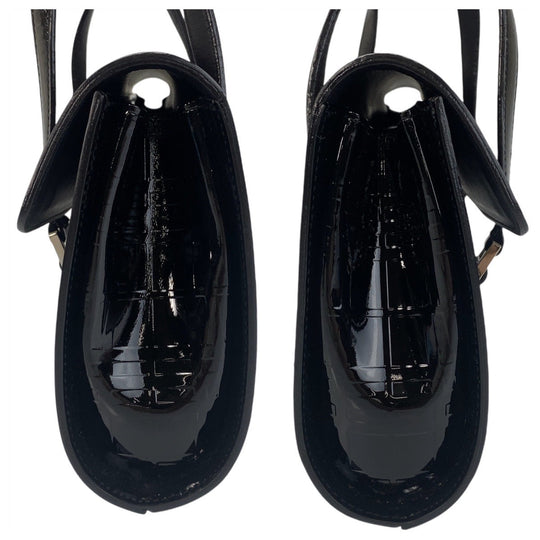 BURBERRY Shoulder Bag Patent leather Black SilverMetal Shoulder Bag Check Pattern Embossed Women Used Authentic