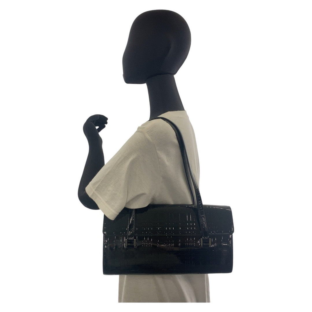 BURBERRY Shoulder Bag Patent leather Black SilverMetal Shoulder Bag Check Pattern Embossed Women Used Authentic
