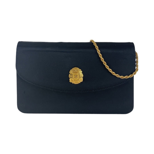 CELINE Shoulder Bag Satin Black Gold Metal ChainShoulder Bag Pochette Triomphe Blason Women Used Authentic