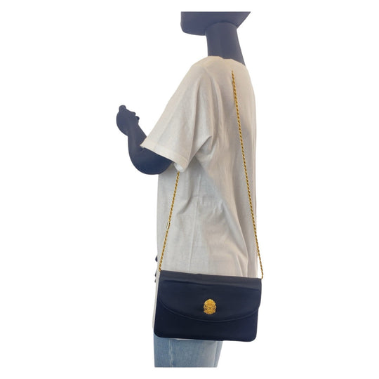 CELINE Shoulder Bag Satin Black Gold Metal ChainShoulder Bag Pochette Triomphe Blason Women Used Authentic