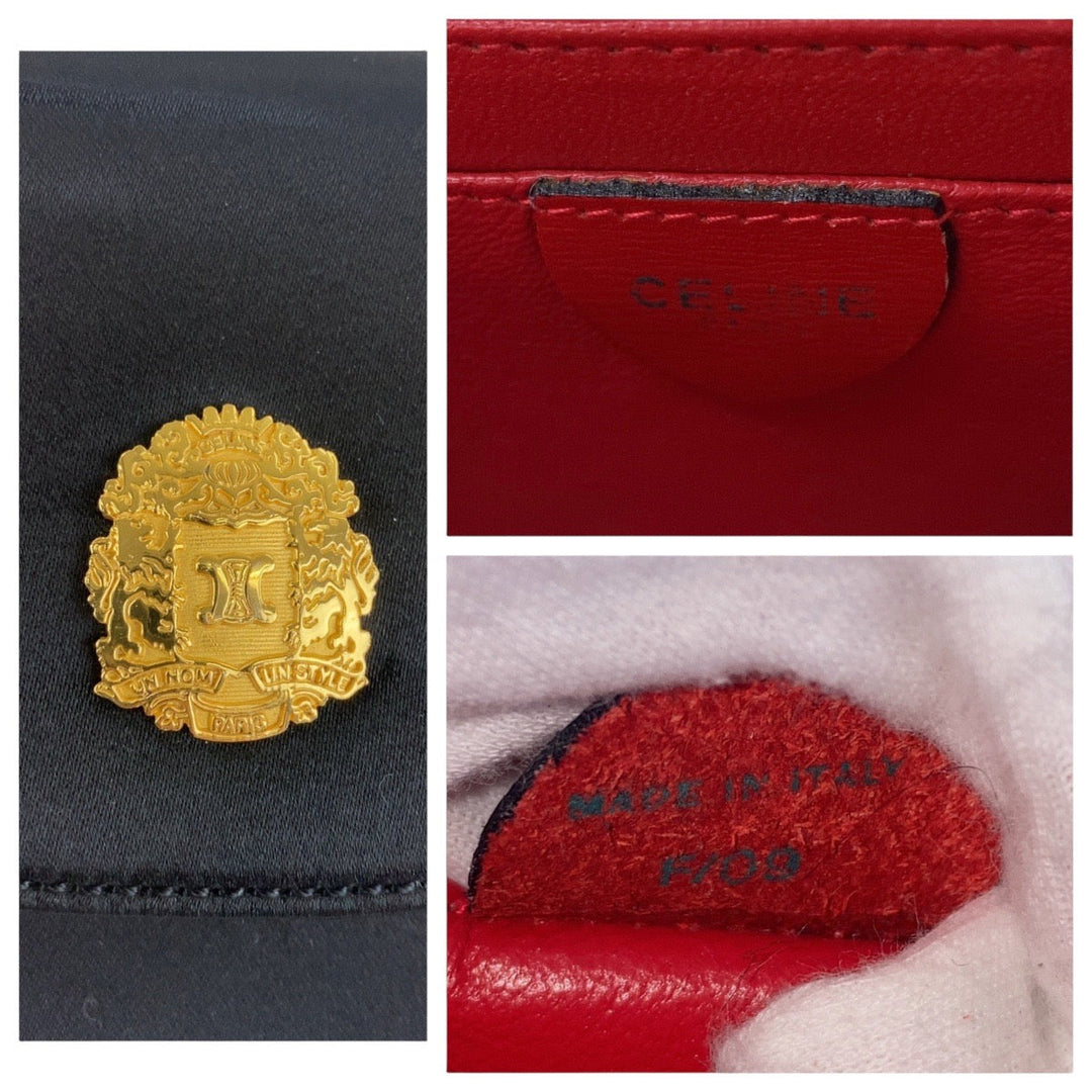 CELINE Shoulder Bag Satin Black Gold Metal ChainShoulder Bag Pochette Triomphe Blason Women Used Authentic