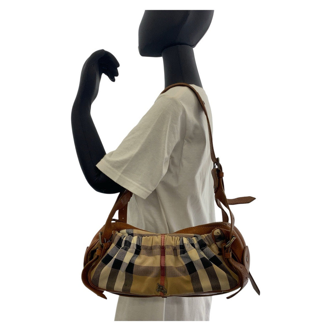 BURBERRY Shoulder Bag Canvas, Leather Brown Beige Gunmetal Metal Prorsum Check Pattern Women Used Authentic