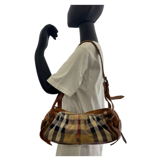 BURBERRY Shoulder Bag Canvas, Leather Brown Beige Gunmetal Metal Prorsum Check Pattern Women Used Authentic