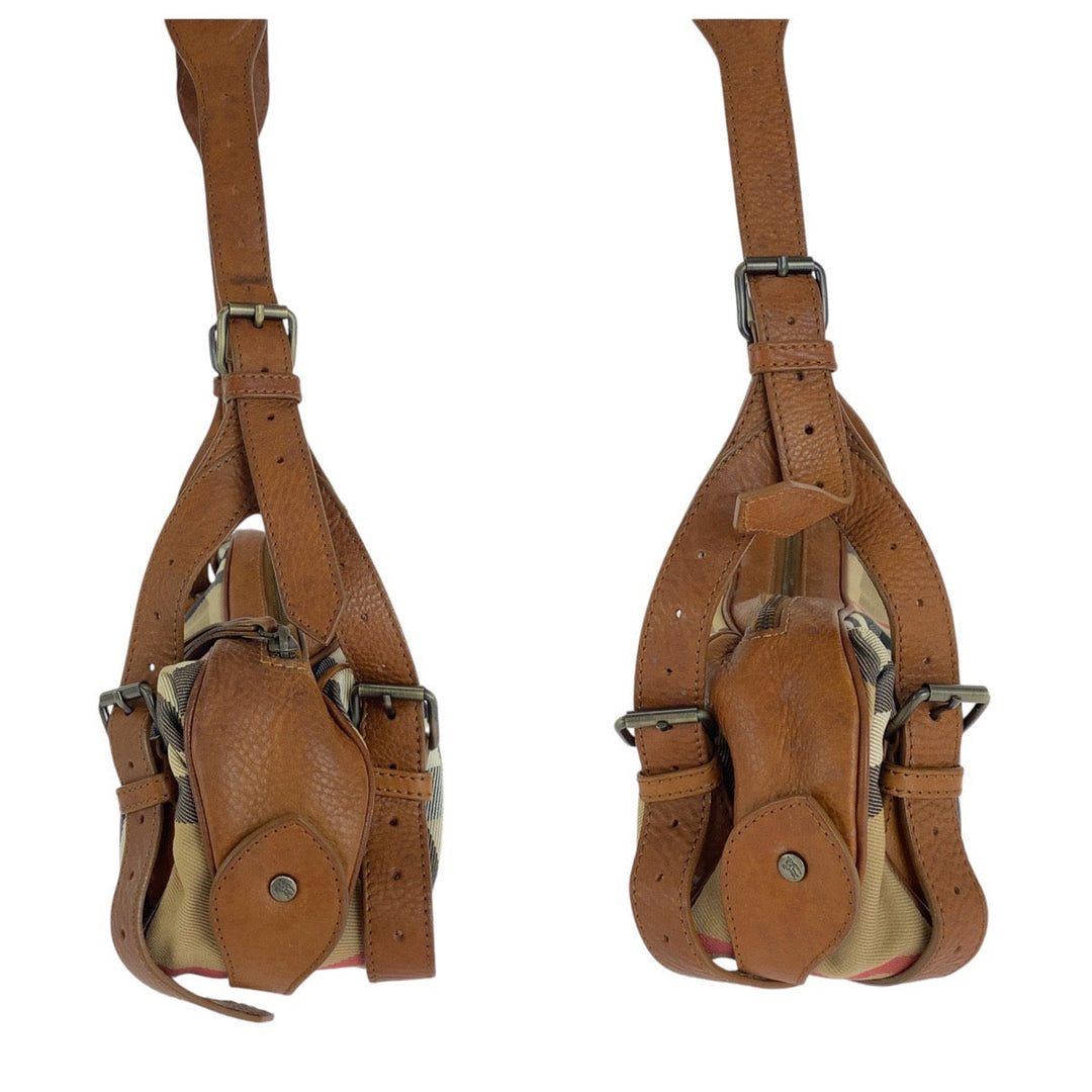 BURBERRY Shoulder Bag Canvas, Leather Brown Beige Gunmetal Metal Prorsum Check Pattern Women Used Authentic