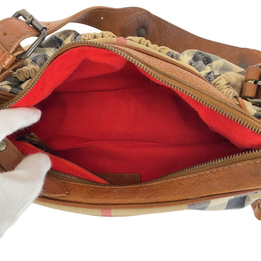 BURBERRY Shoulder Bag Canvas, Leather Brown Beige Gunmetal Metal Prorsum Check Pattern Women Used Authentic