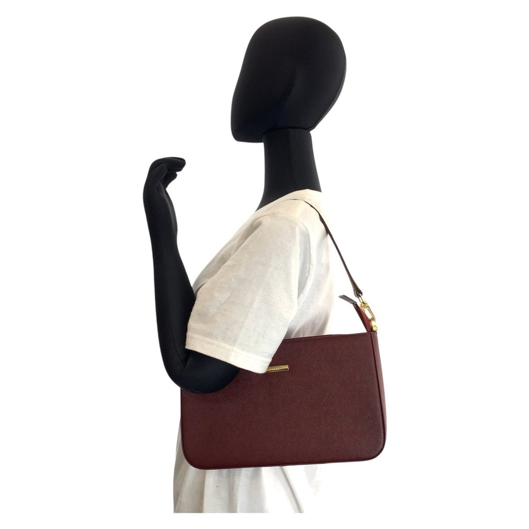 BURBERRY Shoulder Bag leather Bordeaux Medium Check Pattern Women Used Authentic