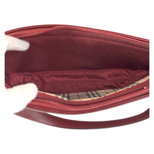 BURBERRY Shoulder Bag leather Bordeaux Medium Check Pattern Women Used Authentic
