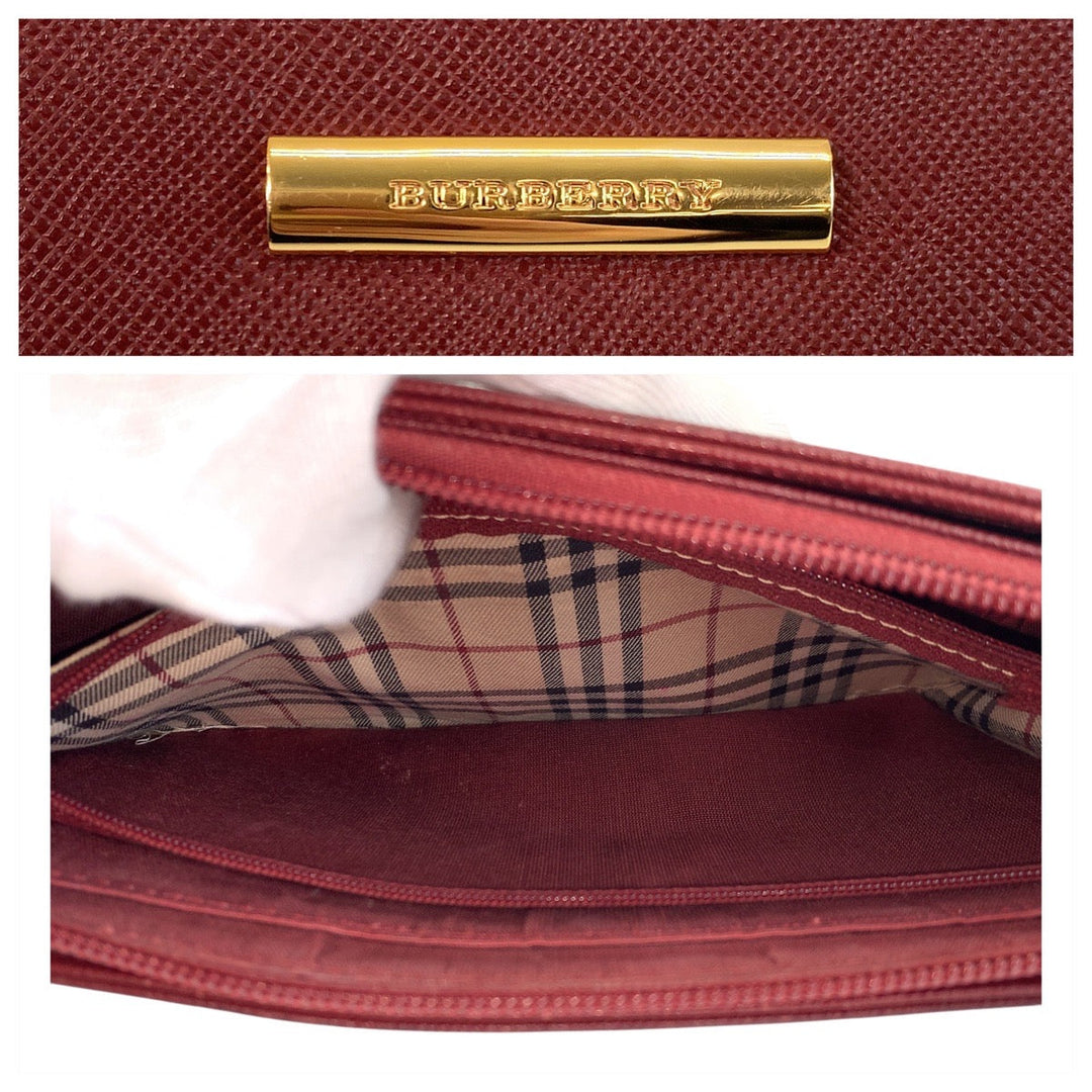 BURBERRY Shoulder Bag leather Bordeaux Medium Check Pattern Women Used Authentic