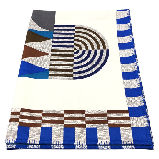 HERMES Other fashion goods cashmere Blue white Blanket Unisex Cheval Natte Plaid Blanket Women Used Authentic