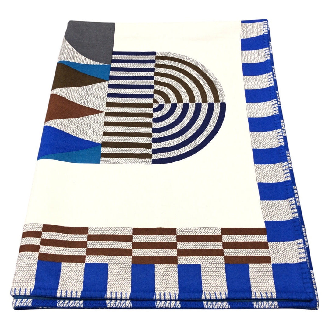 HERMES Other fashion goods cashmere Blue white Blanket Unisex Cheval Natte Plaid Blanket Women Used Authentic