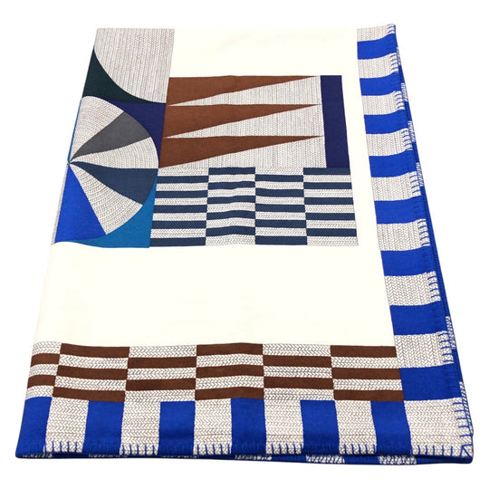 HERMES Other fashion goods cashmere Blue white Blanket Unisex Cheval Natte Plaid Blanket Women Used Authentic