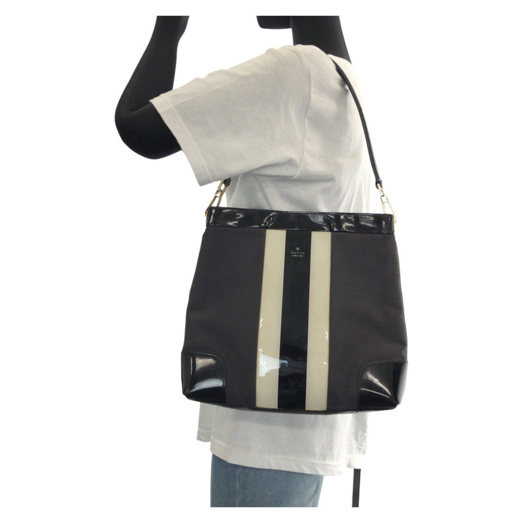 GUCCI Shoulder Bag 001 4231 Enamel, Canvas Black Gold Metal Sherry line Women Used Authentic