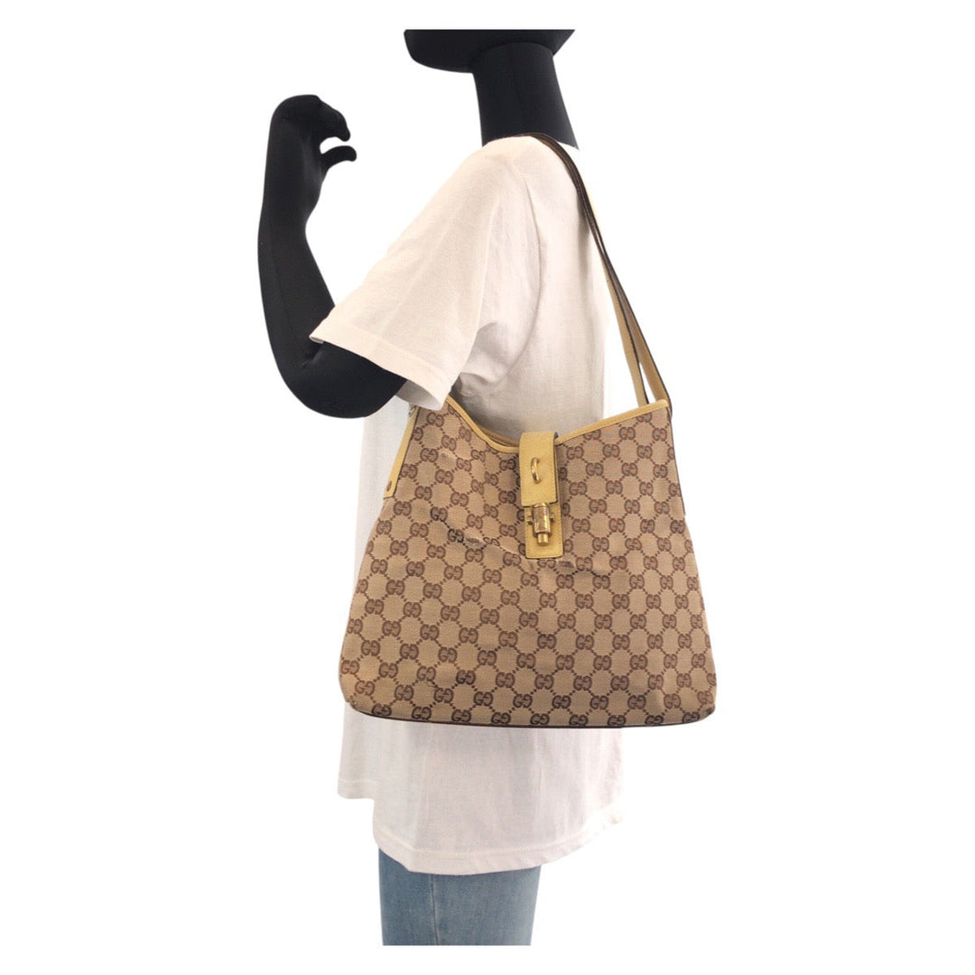 GUCCI Shoulder Bag 110291 GG canvas, leather Yellow Beige Gold Metal Jackie Women Used Authentic