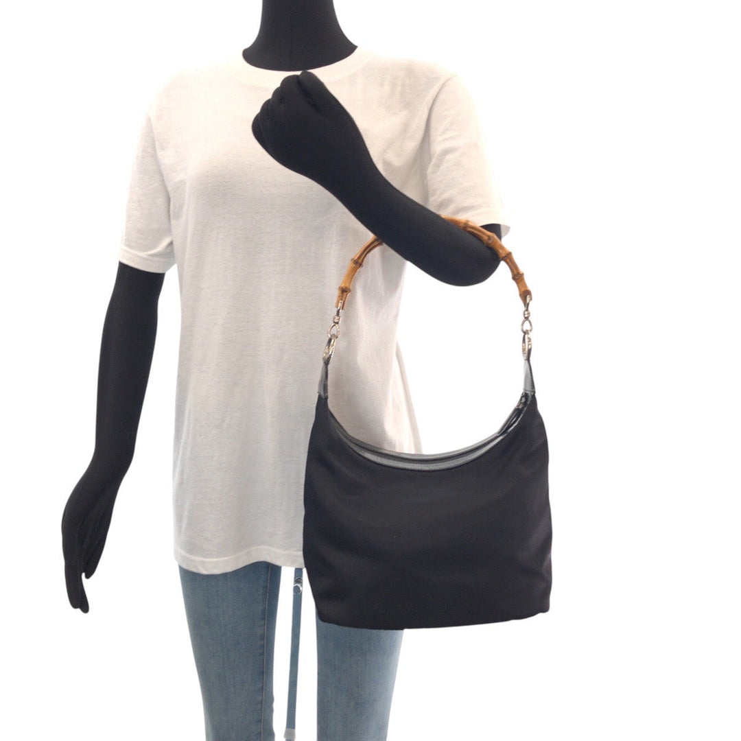 GUCCI Shoulder Bag 000 2855 0531 5 Canvas, Leather Black SilverMetal Shoulder Bag Hobo Bamboo Women Used Authentic