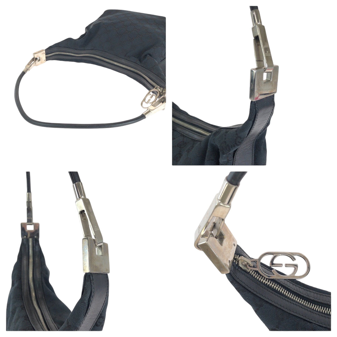 GUCCI Shoulder Bag 001 3814 GG canvas Black SilverMetal Hobo Shoulder Bag Women Used Authentic