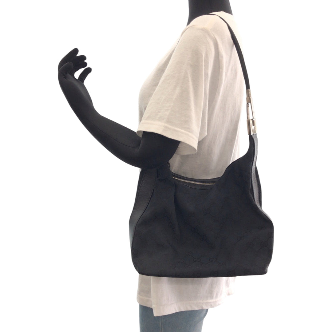 GUCCI Shoulder Bag 001 3814 GG canvas Black SilverMetal Hobo Shoulder Bag Women Used Authentic