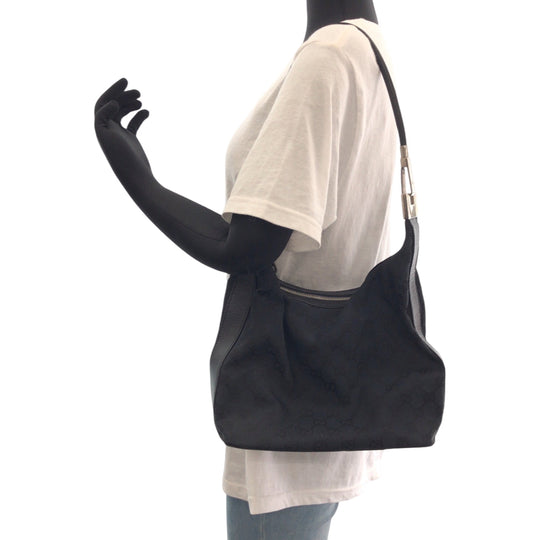 GUCCI Shoulder Bag 001 3814 GG canvas Black SilverMetal Hobo Shoulder Bag Women Used Authentic
