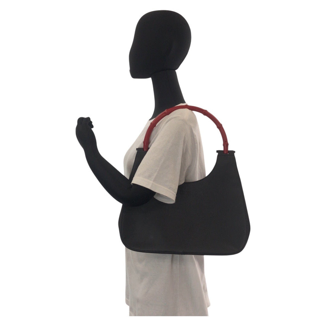 GUCCI Shoulder Bag 001 3739 Leather, Bamboo Black black red Shoulder Bag Hobo Bamboo Women Used Authentic