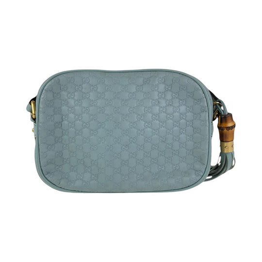 GUCCI Shoulder Bag 309538 leather Blue GoldMetal Crossbody Shoulder Bag Pochette Micro Guccissima Bamboo Women Used Authentic