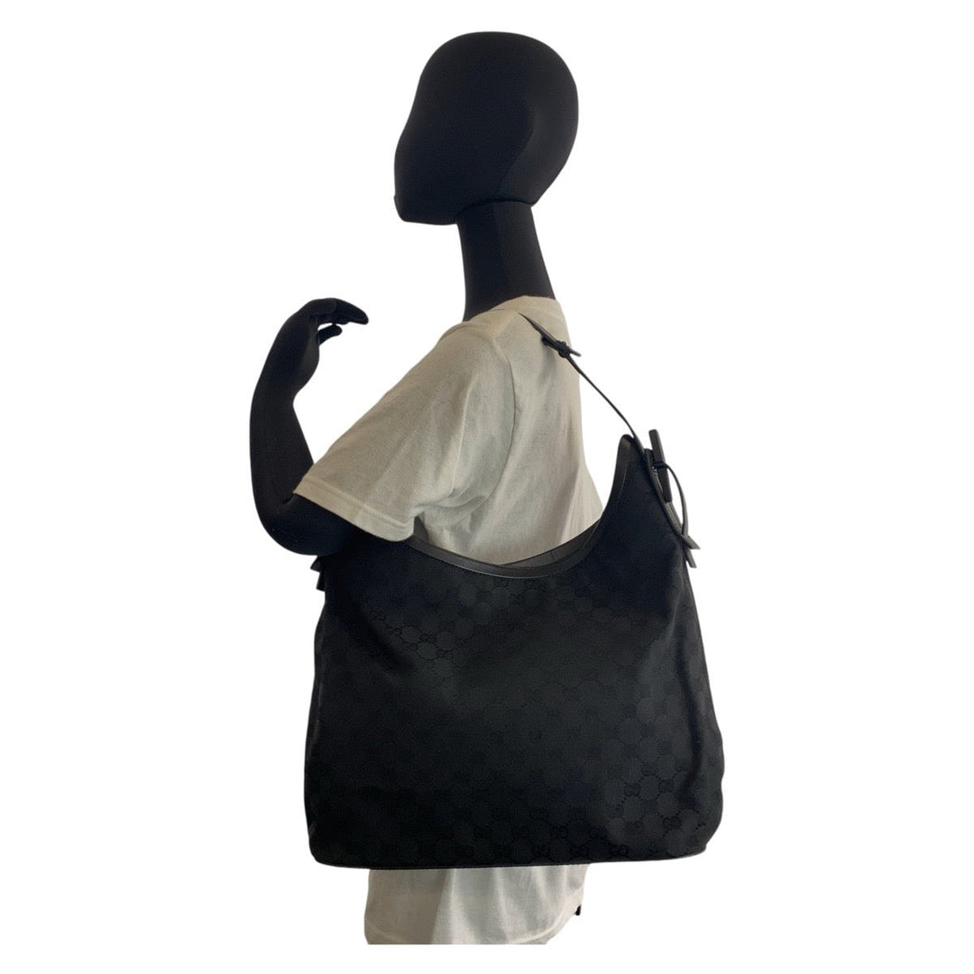 GUCCI Shoulder Bag 106242 GG canvas, leather Black black Hobo Shoulder Bag Women Used Authentic