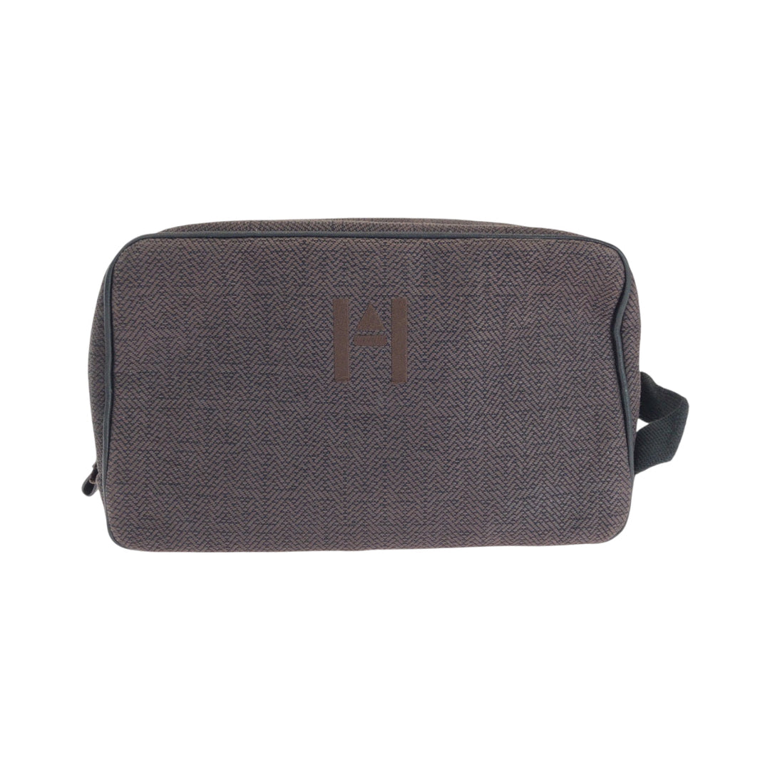 HERMES Pouch Towal chevron Brown Silver Metal Pouch business bag Globetrotter MM Women Used Authentic