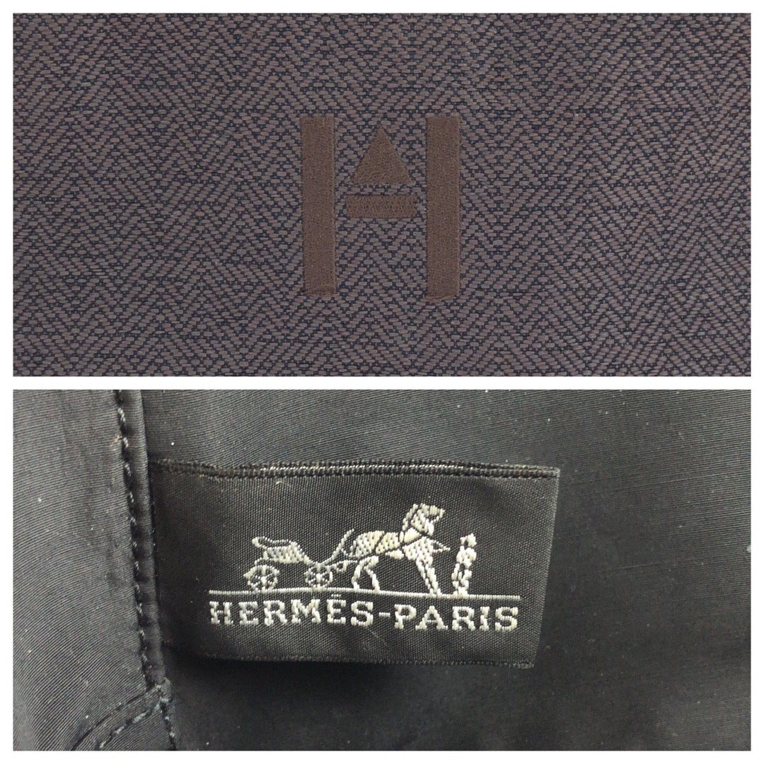 HERMES Pouch Towal chevron Brown Silver Metal Pouch business bag Globetrotter MM Women Used Authentic