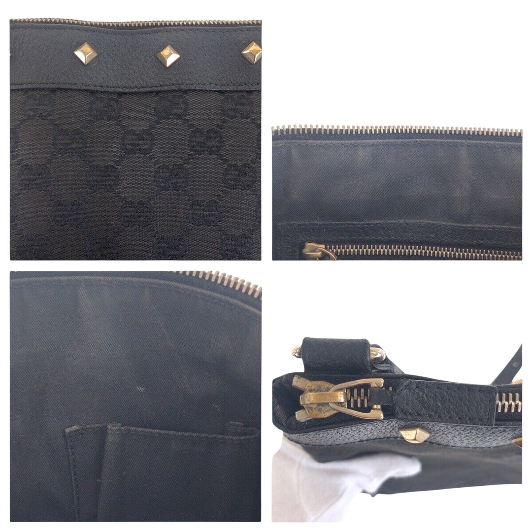 GUCCI Shoulder Bag 120893 GG canvas, leather Black GoldMetal Crossbody Shoulder Bag with studs Women Used Authentic