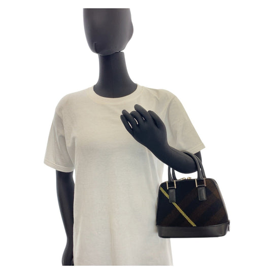 BURBERRY Handbag Wool, Leather Black SilverMetal Handbag Check Pattern Women Used Authentic