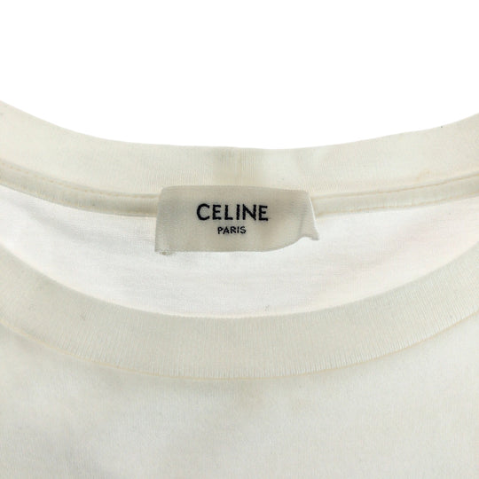 CELINE Short sleeve T-shirt 2X47F671Q cotton White black Short-sleeved T-shirt cut-and-sew logo rhinestone mens L Used Authentic