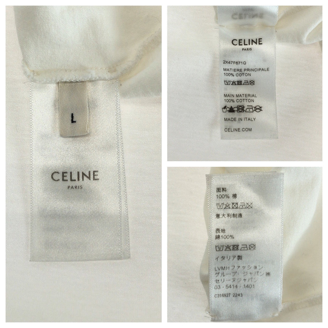 CELINE Short sleeve T-shirt 2X47F671Q cotton White black Short-sleeved T-shirt cut-and-sew logo rhinestone mens L Used Authentic