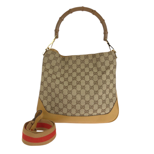GUCCI Shoulder Bag 001 4095 GG canvas Brown Gold Metal Shoulder Bag Hobo Bamboo Women Used Authentic
