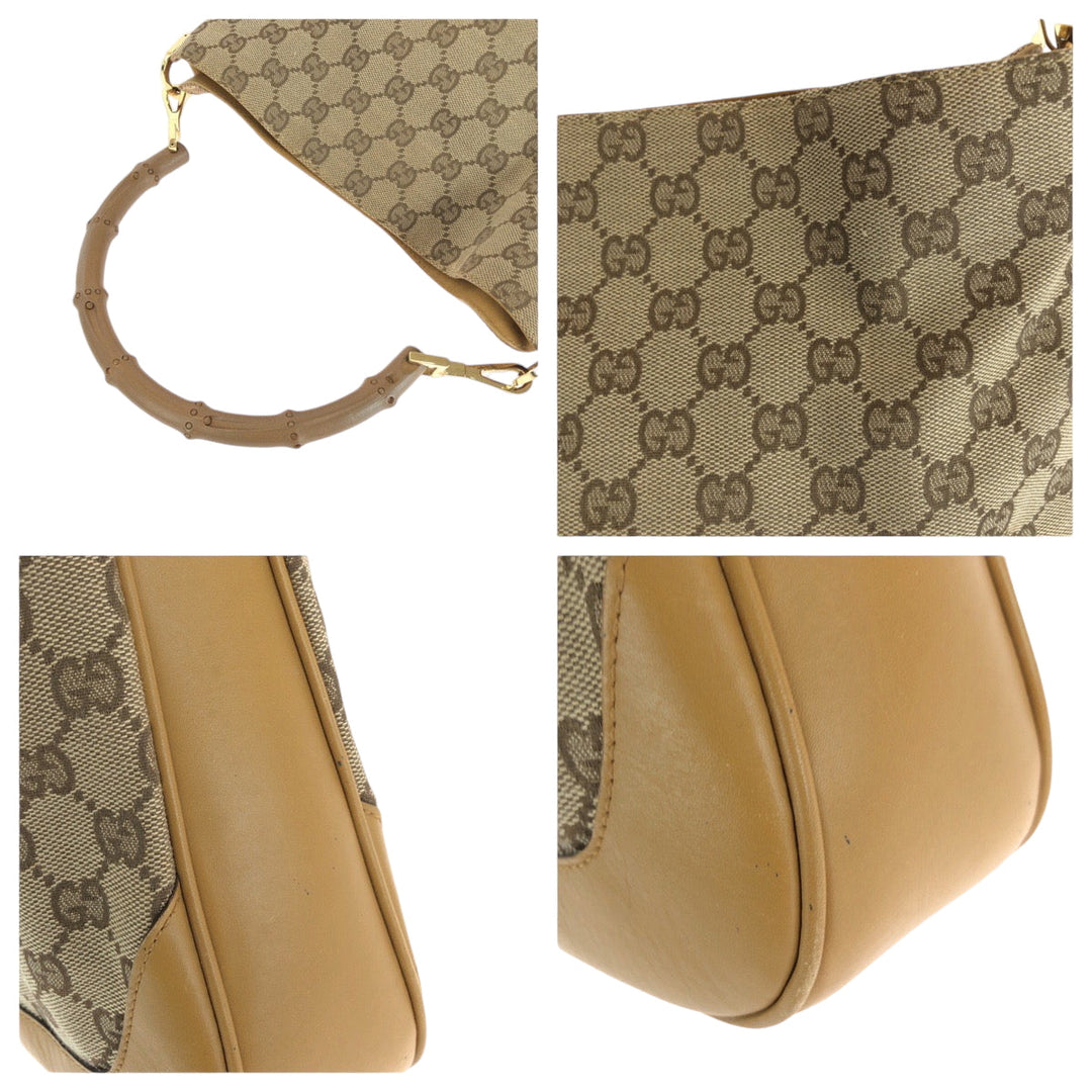 GUCCI Shoulder Bag 001 4095 GG canvas Brown Gold Metal Shoulder Bag Hobo Bamboo Women Used Authentic
