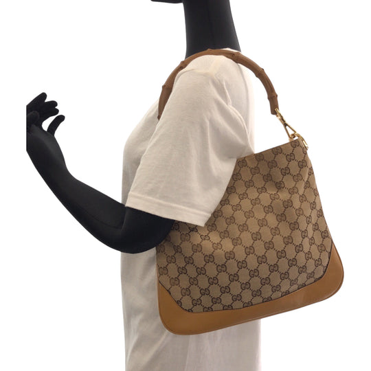 GUCCI Shoulder Bag 001 4095 GG canvas Brown Gold Metal Shoulder Bag Hobo Bamboo Women Used Authentic