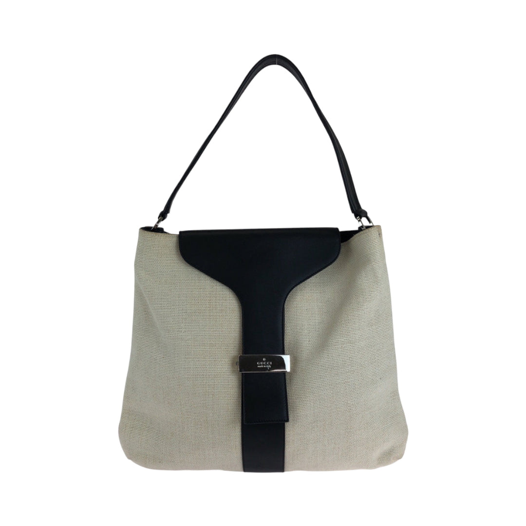 GUCCI Shoulder Bag 001 4014 001013 cotton Ivory Black SilverMetal Hobo One Shoulder Bag Women Used Authentic