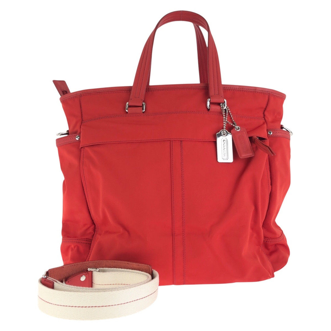 COACH Tote Bag Nylon, Leather Red Silver Metal Tote Bag Shoulder Bag 2WAY Women Used Authentic