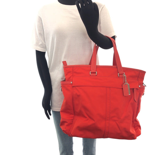 COACH Tote Bag Nylon, Leather Red Silver Metal Tote Bag Shoulder Bag 2WAY Women Used Authentic