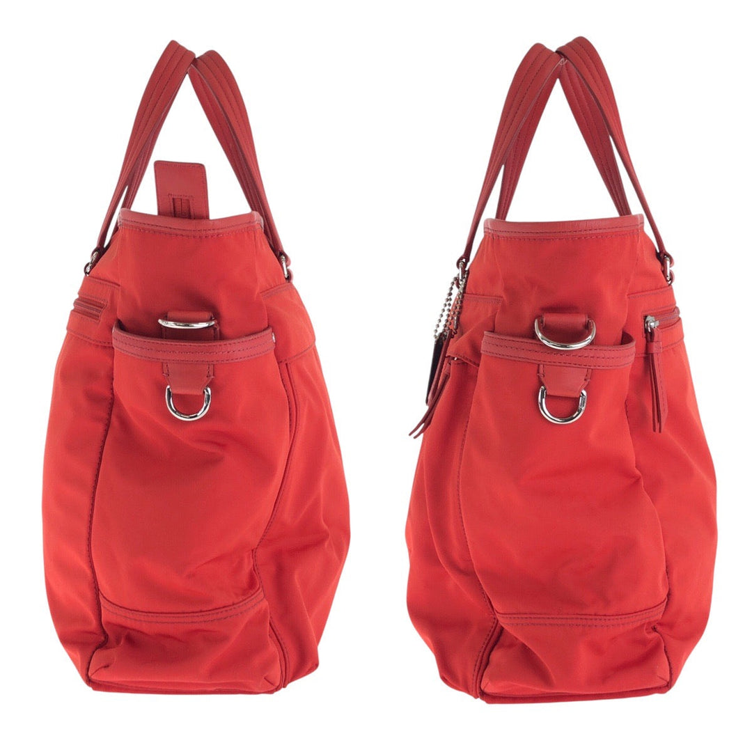 COACH Tote Bag Nylon, Leather Red Silver Metal Tote Bag Shoulder Bag 2WAY Women Used Authentic