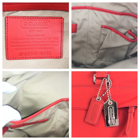 COACH Tote Bag Nylon, Leather Red Silver Metal Tote Bag Shoulder Bag 2WAY Women Used Authentic