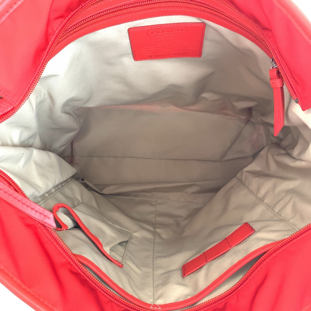 COACH Tote Bag Nylon, Leather Red Silver Metal Tote Bag Shoulder Bag 2WAY Women Used Authentic