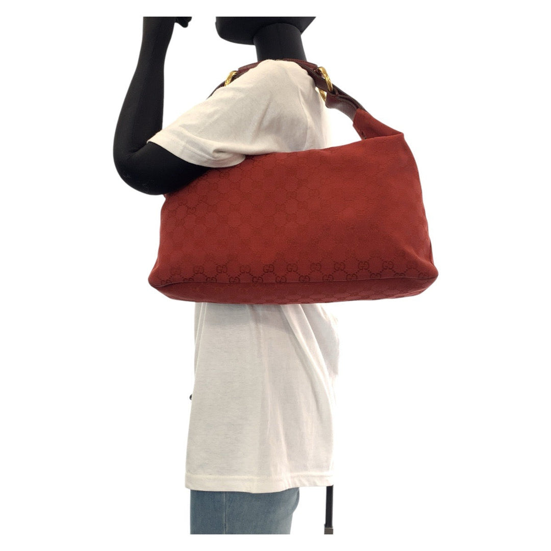 GUCCI Shoulder Bag 115867 GG canvas, leather Red Gold Metal Horsebit Women Used Authentic